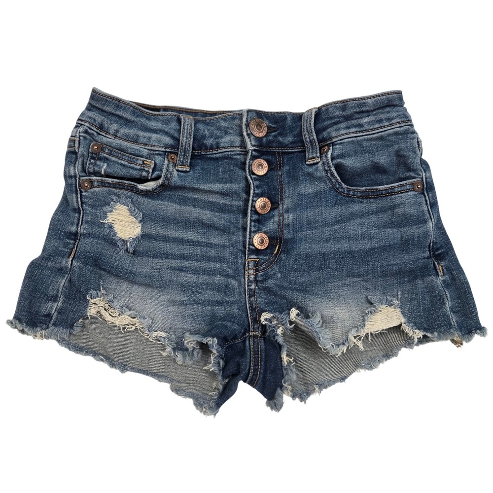 American Eagle Womens Size 0 Hi-Rise Shortie Distressed Stretch Denim Button Fly